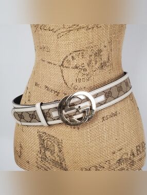 Authentic Gucci Cream Monogram Canvas Leather Interlocking G Buckle Belt 85/34